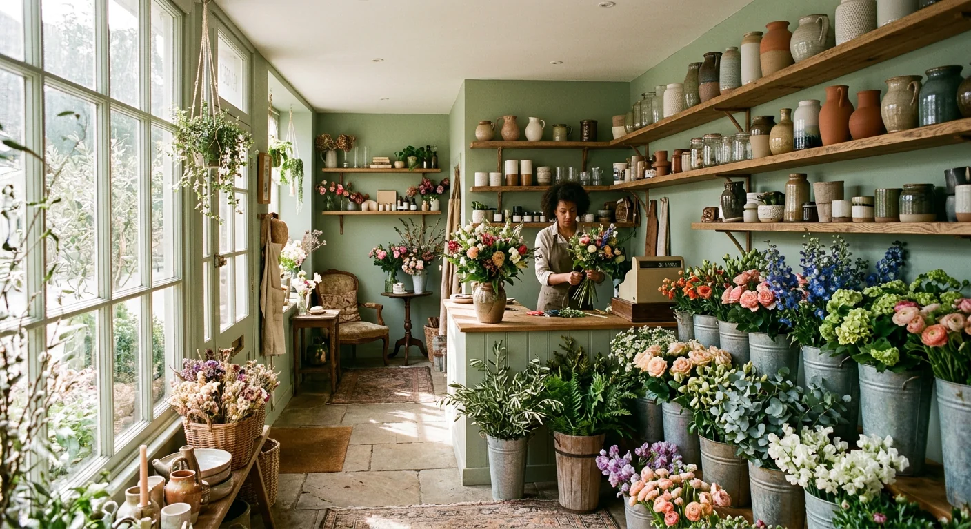 Interior da Casa Botânica com prateleiras de madeira, vasos de cerâmica e flores frescas
