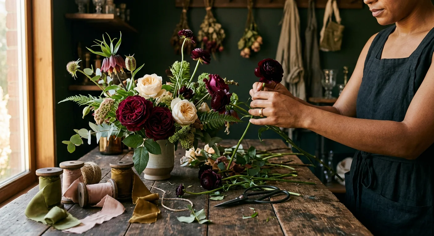 Mãos da designer floral compondo um arranjo com flores raras na bancada da Casa Botânica
